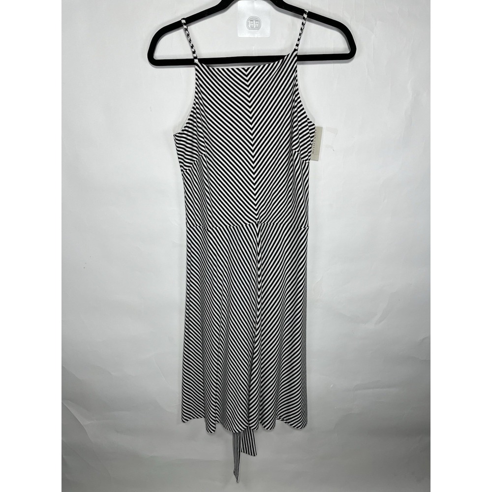 NWT Ann‎ Taylor Black White Striped Spaghetti Strap Midi A-Line Dress Size Small